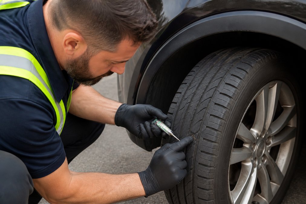 Professional technician inspecting tire sidewall with close-up view of tread depth gauge and puncture damage assessment on roadside, natural daylight