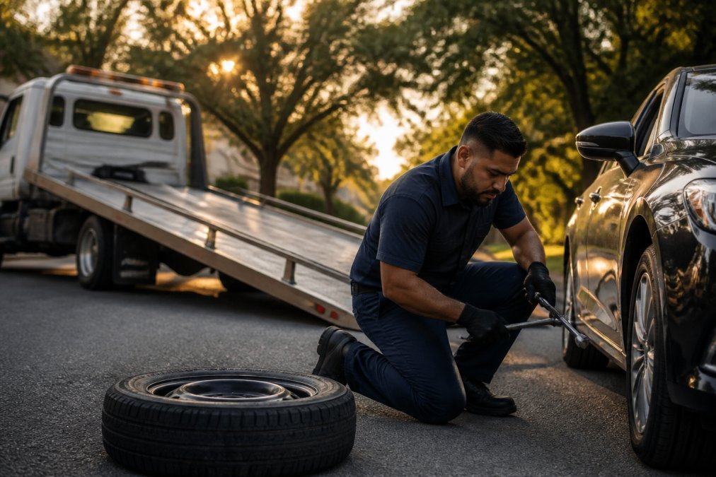 A tow truck operator in a navy uniform kneeling beside a sedan parked on a residential Tulsa street, inspecting a flat tire with a lug wrench in hand, late afternoon golden light