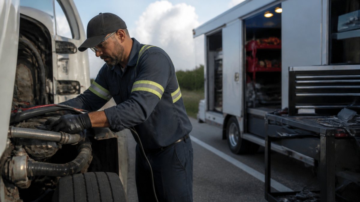Professional diesel mechanic performing engine diagnostics on heavy-duty truck at roadside with mobile service vehicle and diagnostic equipment visible in background