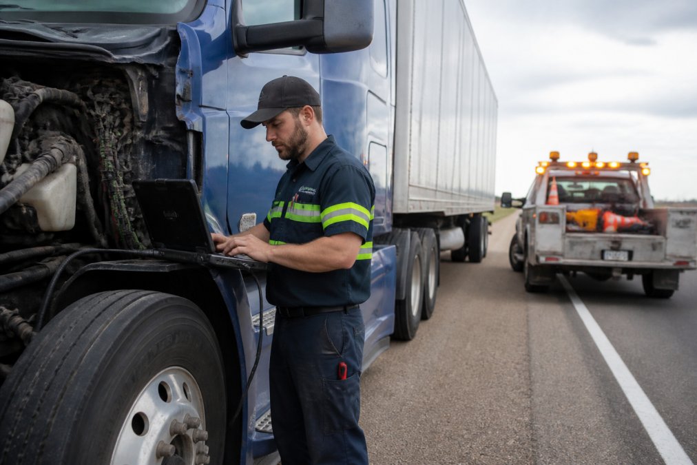 A technician in a branded uniform using a diagnostic laptop connected to a semi-truck parked on the shoulder of an interstate highway, service truck visible behind with hazard lights on