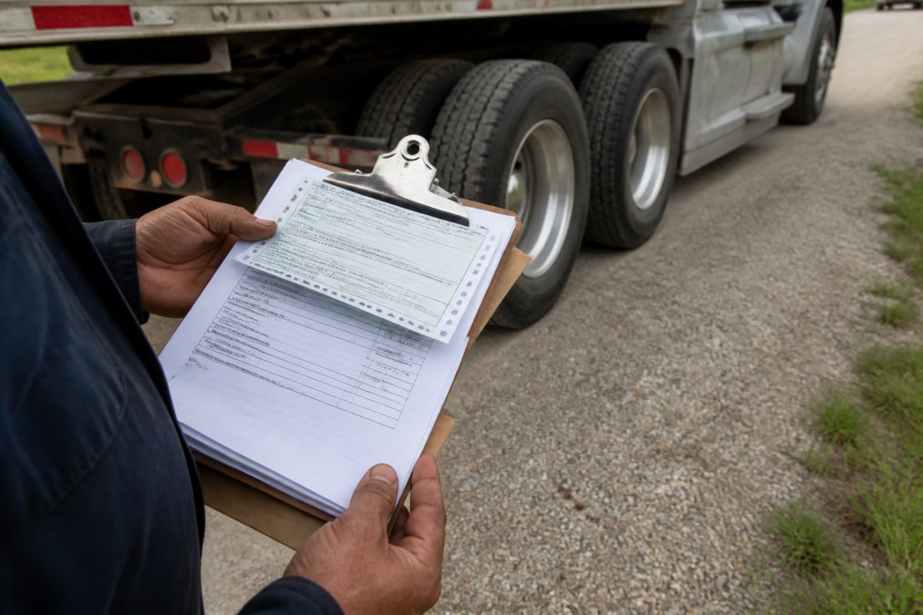 Close-up of a mechanic's hands holding a clipboard with a repair invoice and vehicle identification number sheet, a commercial truck's rear dual tires visible in the background on a gravel roadside pull-off