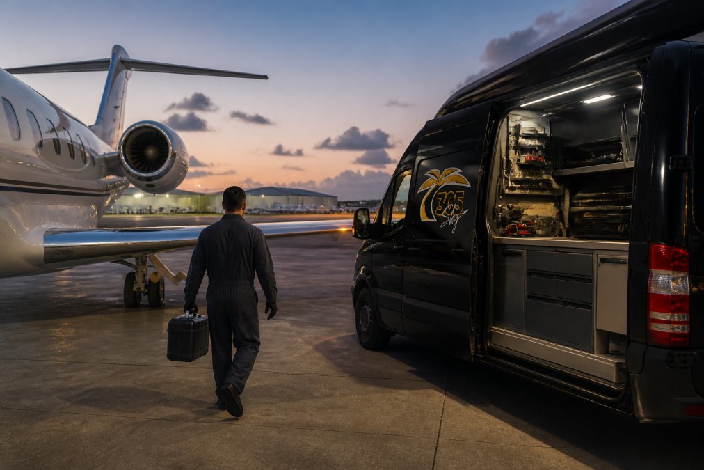 A mobile maintenance van parked beside a private jet on an airport ramp at dusk, a technician in coveralls carrying a tool case toward the aircraft, runway lights and hangars visible in the background