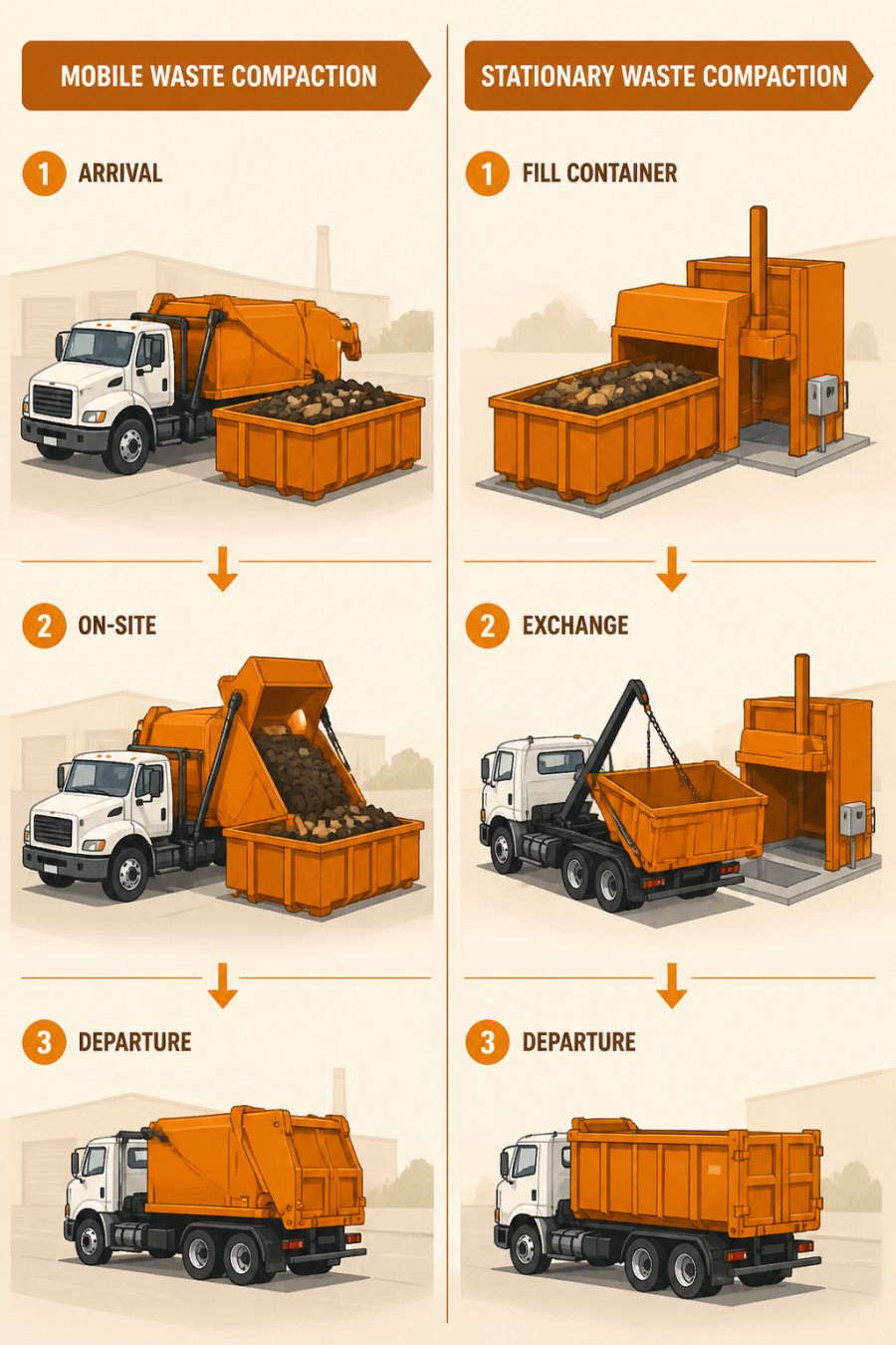 Diagram comparing the process of mobile vs stationary waste compaction systems using trucks and containers