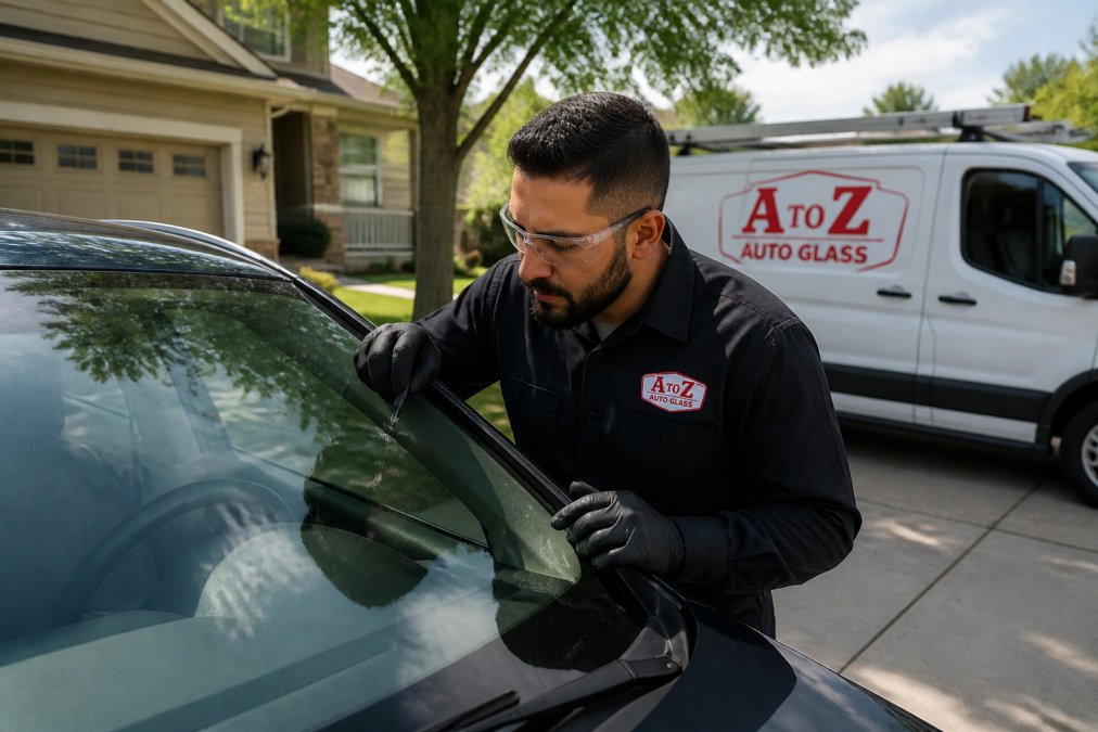 Professional illustration showing professional and glass and technician concepts for mobile windshield repair