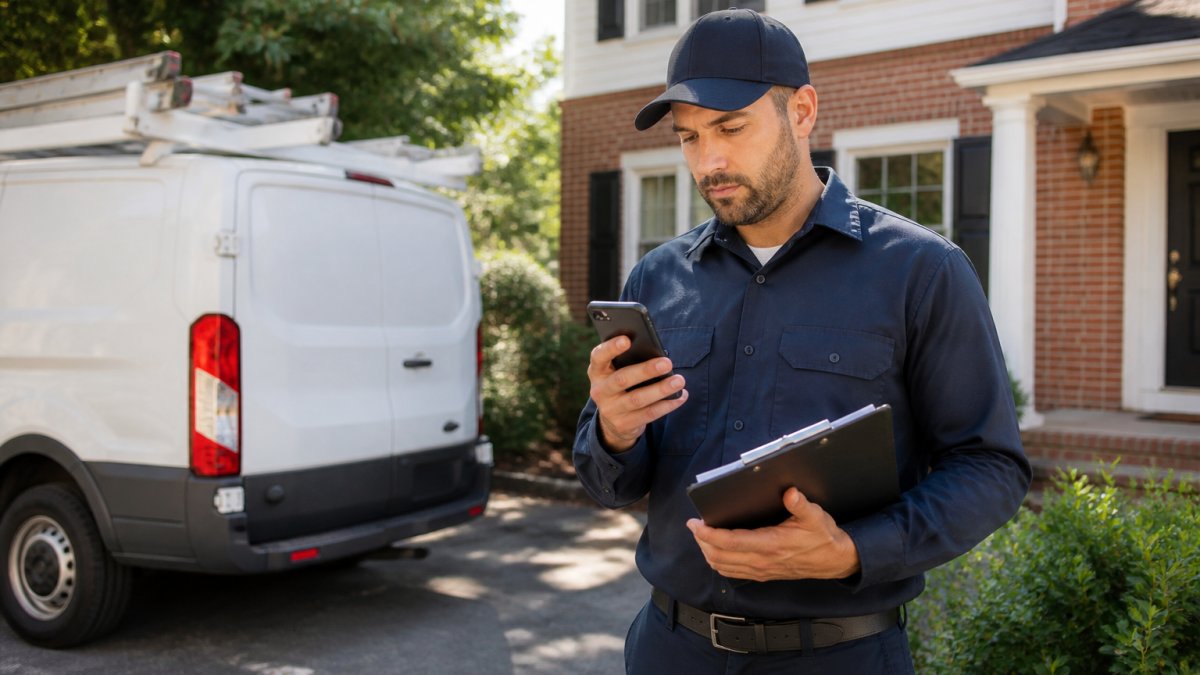 Professional technician in work uniform using smartphone to view work order details at residential property with morning sunlight, focused on screen with clipboard in other hand