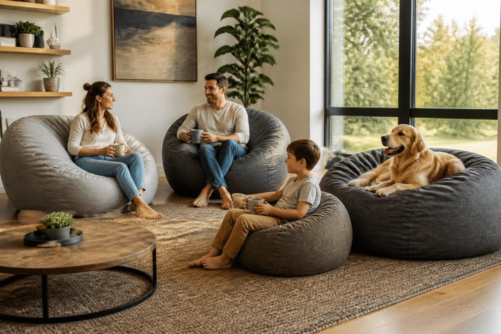 Famille confortable dans un salon moderne avec plusieurs poufs Beanbag Montréal de différentes tailles, enfant assis sur un pouf compact et chien reposant sur un modèle plus grand, lumière naturelle chaude entrant par les fenêtres