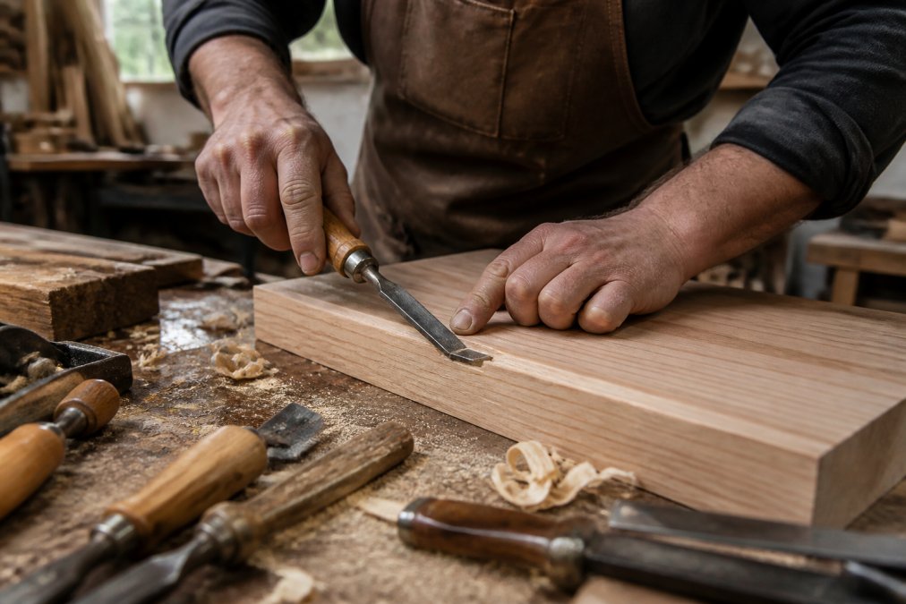 Artisan menuisier travaillant le bois massif à l'établi avec outils traditionnels, gros plan sur les mains calleuses manipulant un ciseau à bois et le détail du grain visible dans le bois clair