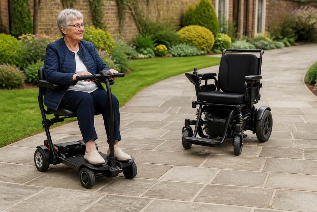 Comparison chart of wheelchair alternatives showing a mobility scooter and powerchair side by side.
