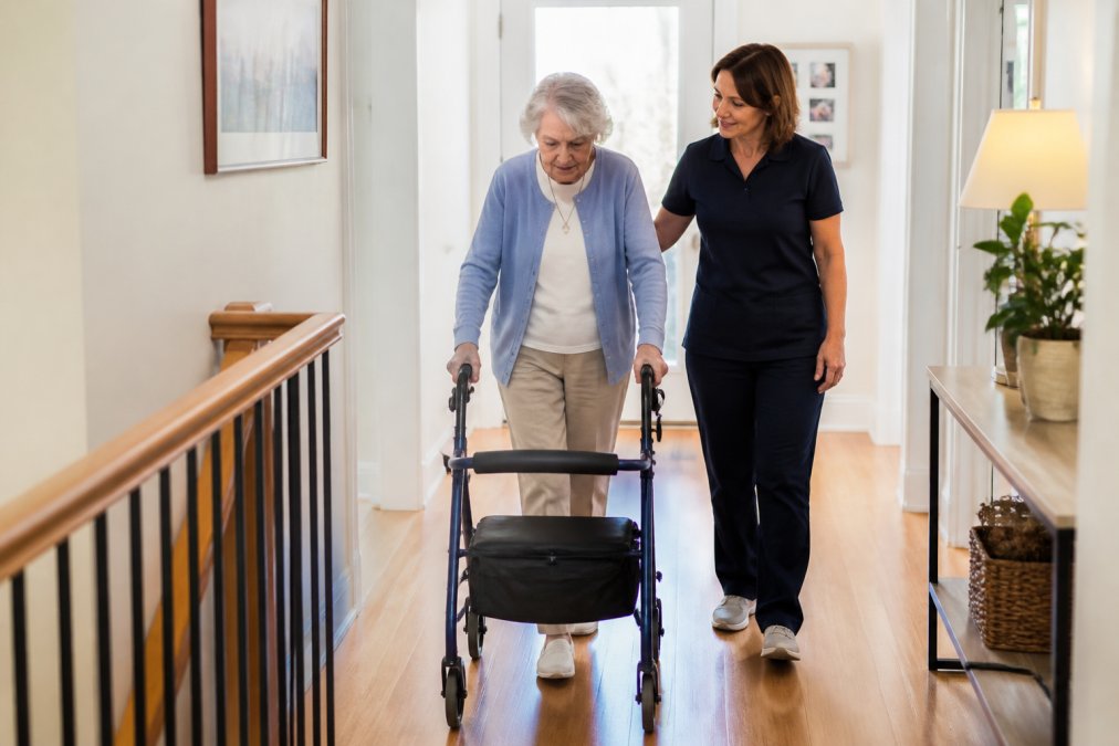 An older adult using a rollator walker with a seat to safely navigate a hallway in a well-lit home, with a caregiver nearby