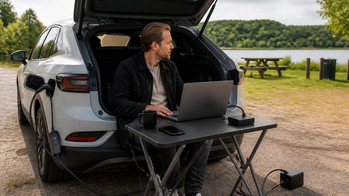 Person der arbejder på bærbar computer i en elbil med V2L-strømforsyning og kaffe på en rolig rasteplads.