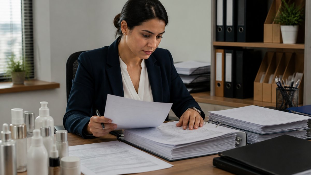 Regulatory affairs manager at desk reviewing cosmetic product documentation and MoCRA registration forms, with laptop, filing system, and ingredient lists visible in organized workspace