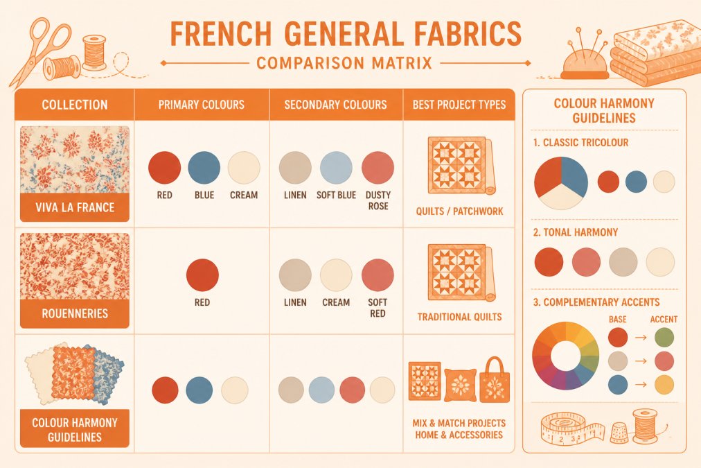 Comparison matrix showing French General collection names, primary colours, secondary colours, and best project types: Viva La France (Red/Blue/Cream, quilts/patchwork), Rouenneries (Red, traditional quilts), and colour harmony guidelines