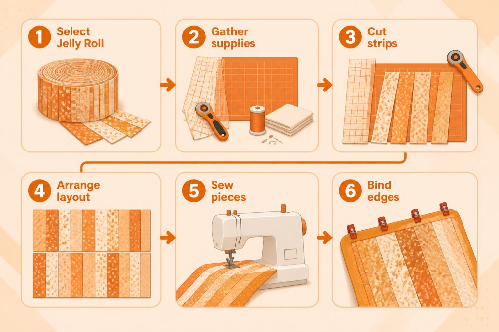Flowchart showing the 6-step beginner quilt process: Select Jelly Roll → Gather supplies → Cut strips → Arrange layout → Sew pieces → Bind edges