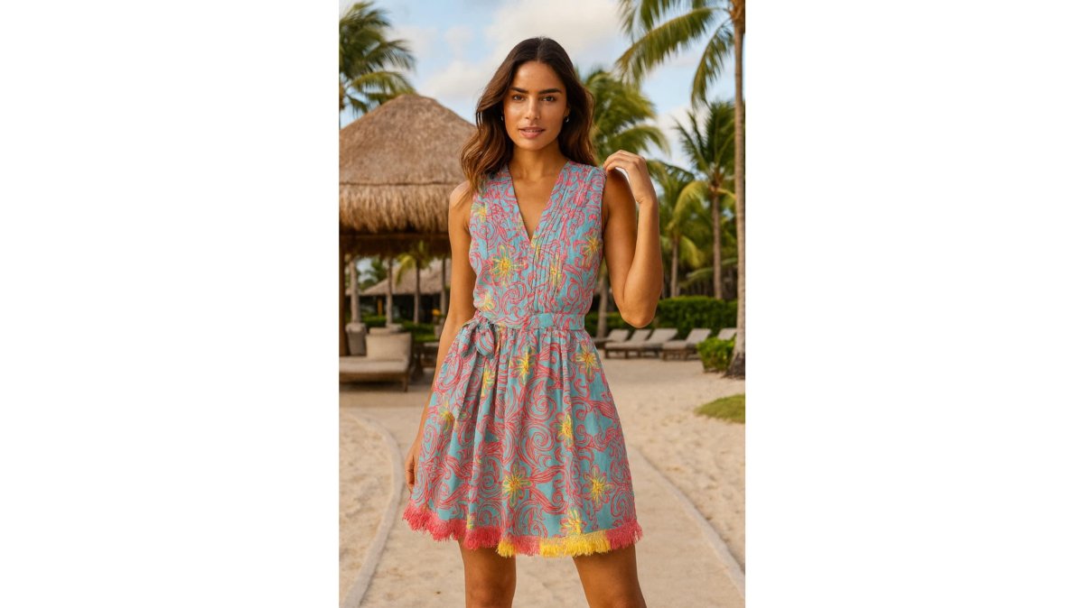Moda Posa Turquoise Pink & Yellow Printed Sundress                                                                                                                                                                               .