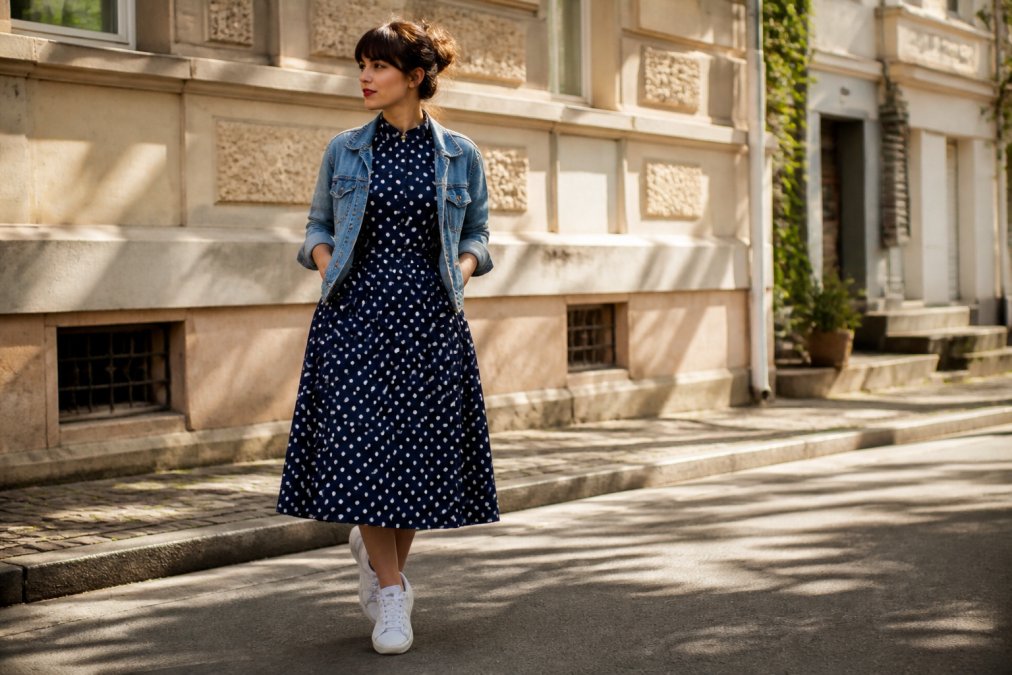 Woman wearing a 1950s-inspired vintage dress with high neckline and full skirt, paired with modern white sneakers and a denim jacket, standing in natural sunlight on an urban street