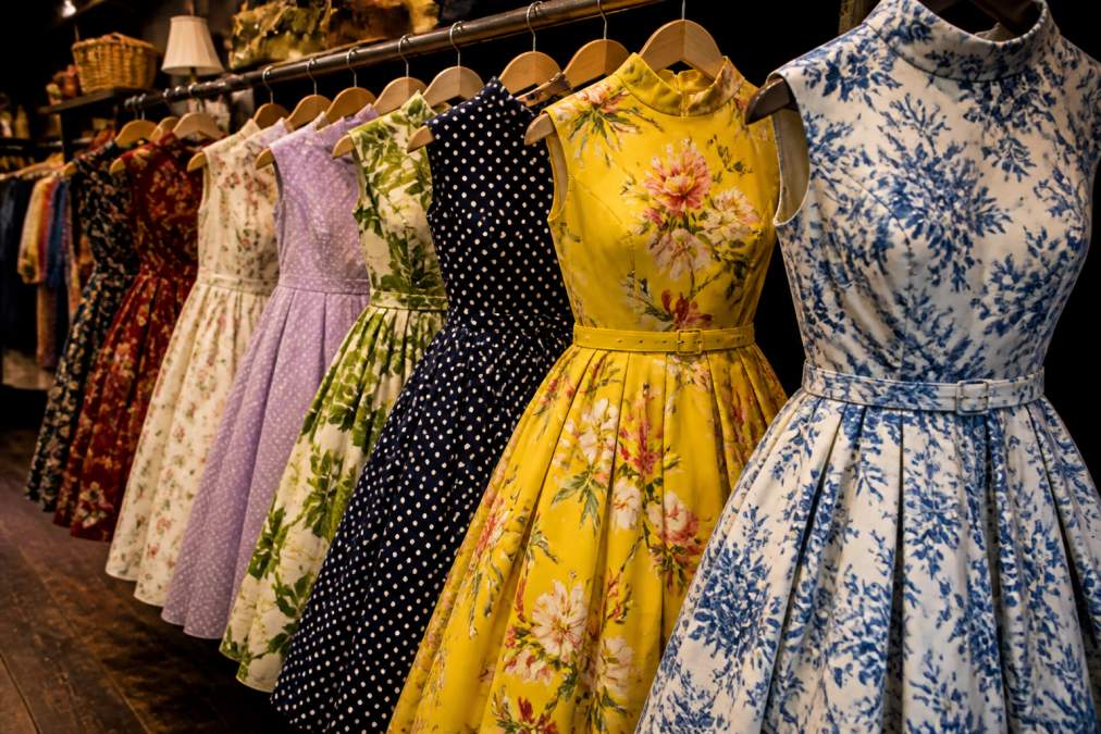 Close-up of vintage-inspired dresses in colorful prints and patterns displayed on a rack, showing quality fabric textures and classic 1950s silhouettes with full skirts and high necklines