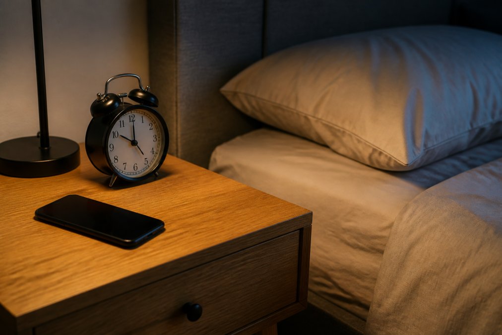 Schéma illustrant la distance idéale entre le smartphone en mode avion et le lit pour un sommeil réparateur.