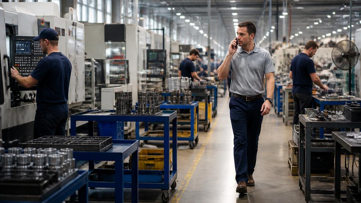Operators monitor workstations with work-in-progress queues that model production bottlenecks on the shop floor.