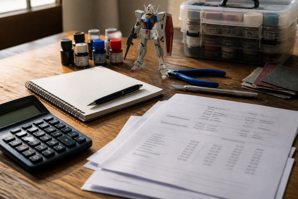 Close-up of a model builder's workstation with an assembled Gundam kit, hobby nippers, hobby knife, paint bottles in organized containers, and fine sandpaper arranged on a wooden desk with natural window lighting