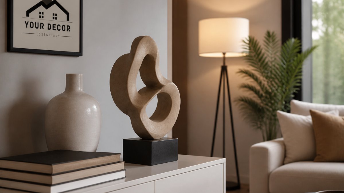 Modern living room featuring a striking abstract sculpture on a white console table, styled with stacked design books, a ceramic vase, and soft ambient lighting from a floor lamp in the corner