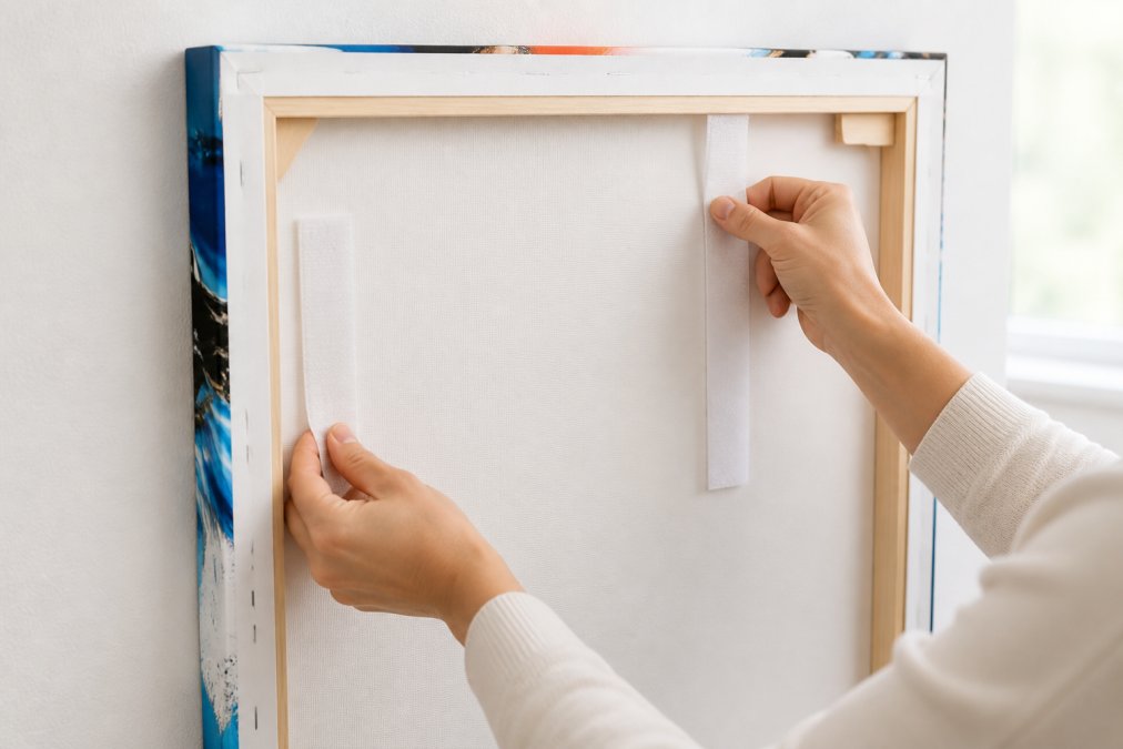Close-up of hands carefully applying heavy-duty adhesive strips to the back of a canvas frame against a white apartment wall, showing proper placement technique with natural window lighting