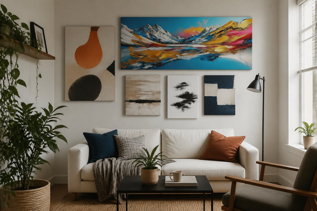 Modern apartment living room featuring a carefully arranged gallery wall of abstract canvas prints in varying sizes, showing how pieces work together to create visual interest in a compact rental space with natural lighting