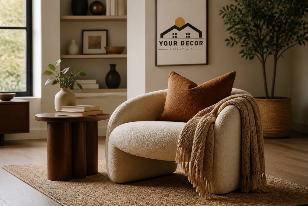 Modern living room with sculptural accent chair positioned beside a side table with throw pillows and textured blanket, natural light from large window creating cozy reading nook