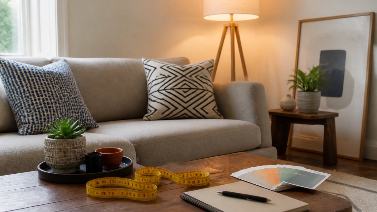 A bright living room corner styled by a beginner: a low neutral sofa with two patterned accent pillows, a small side table, a leaning framed print, and a soft floor lamp casting a warm glow, with a measuring tape and notebook on the coffee table