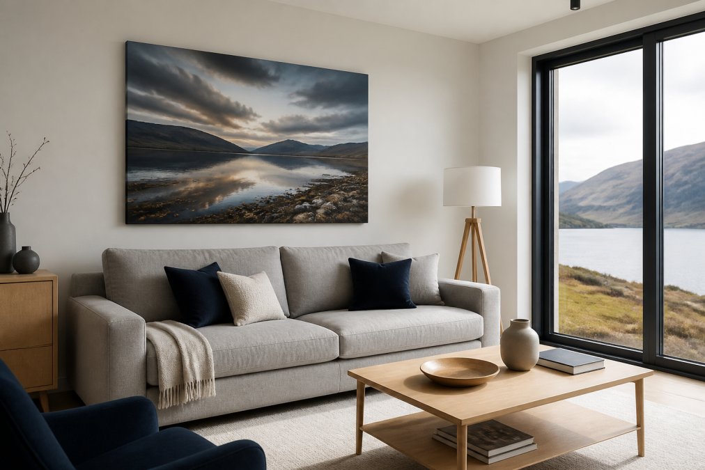 Modern living room with a landscape canvas print hung above a minimalist sofa, natural light streaming through large windows, showing how contemporary Scottish artwork complements clean lines and neutral furnishings