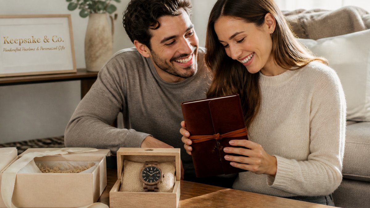 A couple admiring a personalized leather journal and wooden watch together, smiling at their meaningful gifts on a cozy living room table with soft natural lighting