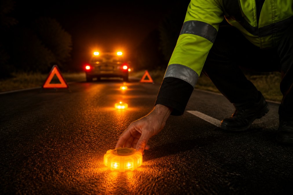 Modern Alternatives to Roadside Flares Motorist placing LED warning beacons on road surface at night with reflective triangles positioned in background and stationary vehicle with hazard lights visible