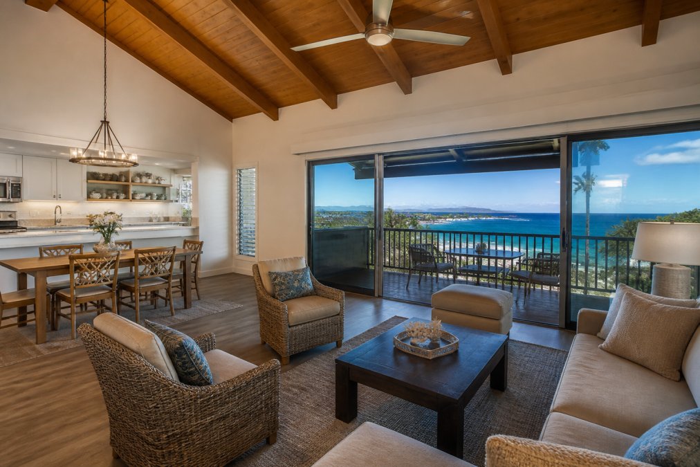 A bright, spacious open-concept living area with vaulted wood ceilings, contemporary furniture, and large sliding glass doors opening onto a covered lanai with a sweeping ocean view under a clear blue sky