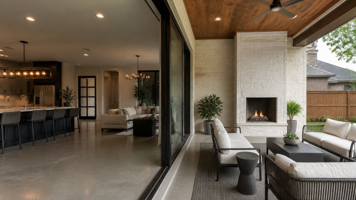 Modern residential home with seamless transition from interior to covered patio, featuring sliding glass doors, contemporary lounge furniture, and natural daylight streaming across polished concrete floors