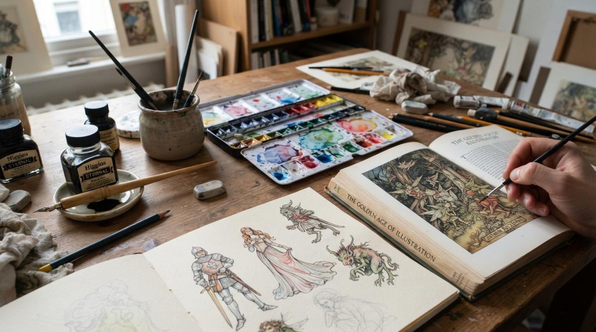 Close-up of an artist's workspace showing pen and ink bottles, watercolor palette with saturated pigments, sketched character illustrations on paper, and a reference book open to golden age artwork