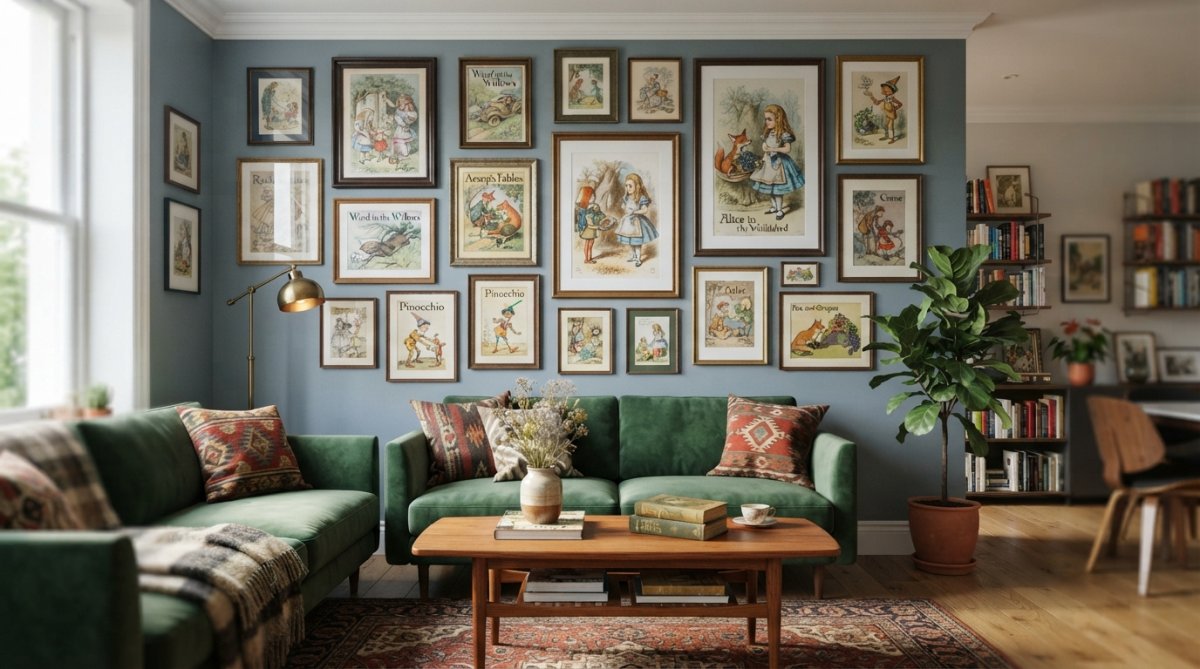 A gallery wall or home interior displaying framed character-inspired art prints in varying sizes, showing whimsical illustrations from classic tales alongside modern home furnishings, demonstrating how character-driven art complements contemporary decor