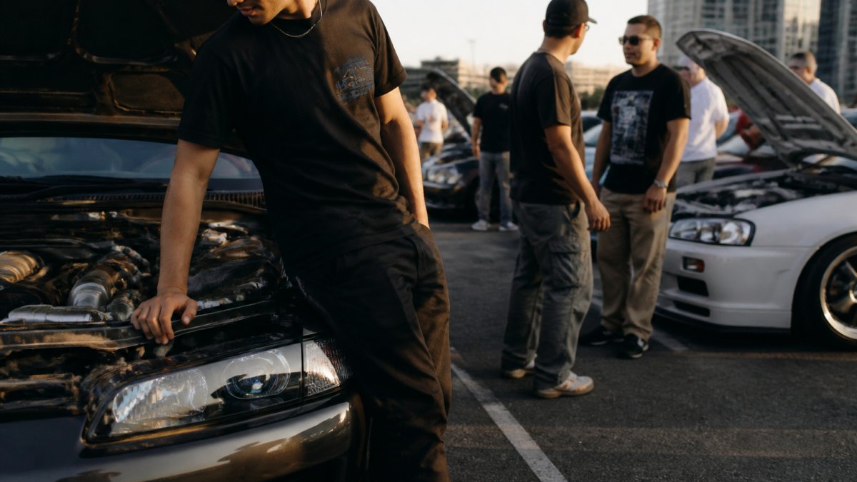 A young car enthusiast in a clean graphic tee and joggers leaning against a modified JDM car at an outdoor evening car meet, with other cars and people in the background