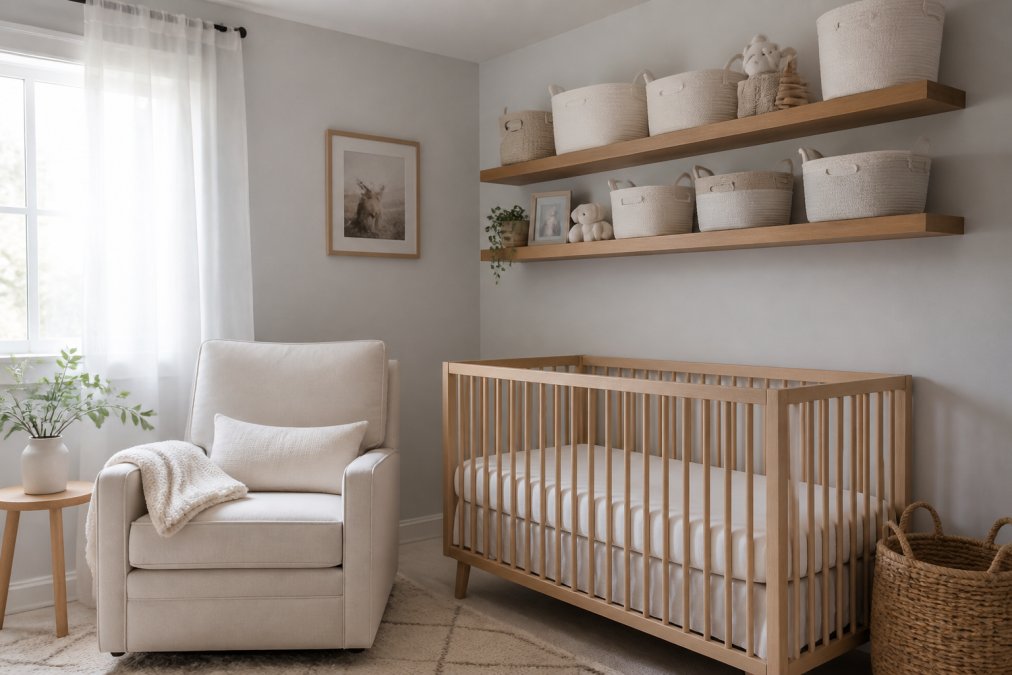 Serene minimalist nursery with soft gray walls, open wooden shelving displaying neatly organized white and beige storage baskets, a light wood crib with white bedding, and a comfortable nursing chair in natural linen fabric near a window with sheer curtains