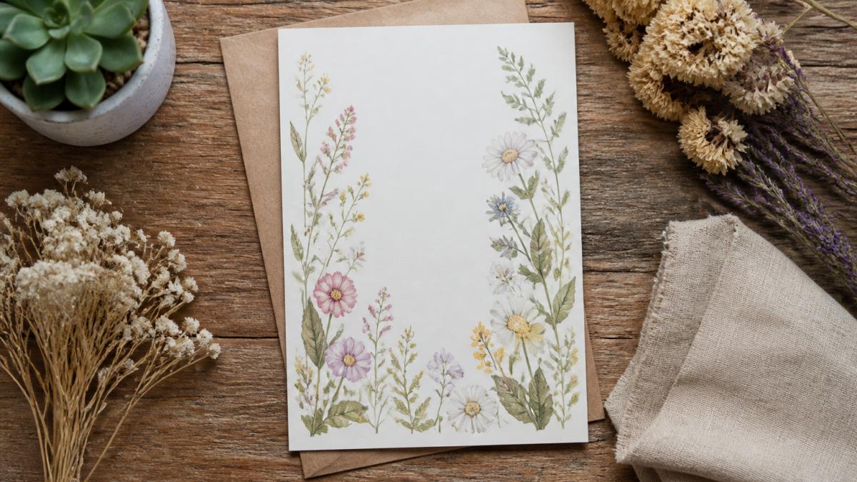 Flat lay of a botanical baby shower invitation with watercolor wildflowers and greenery on a rustic wooden table, surrounded by dried flowers, a small potted succulent, and a folded linen napkin in soft daylight