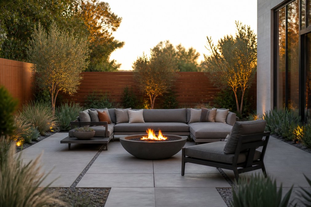 A beautifully designed modern backyard at golden hour featuring a geometric concrete patio, low-profile minimalist furniture in warm gray tones, a glowing fire bowl as a central focal point, and lush native plantings along a wooden privacy screen
