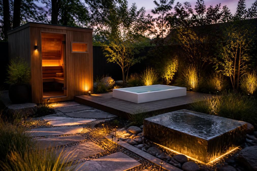 A serene backyard wellness corner at dusk featuring a cedar outdoor sauna with warm interior lighting glowing through a small window, a white cold plunge tub set into a simple timber deck, and a small slate water feature surrounded by soft ornamental grasses and warm pathway lighting