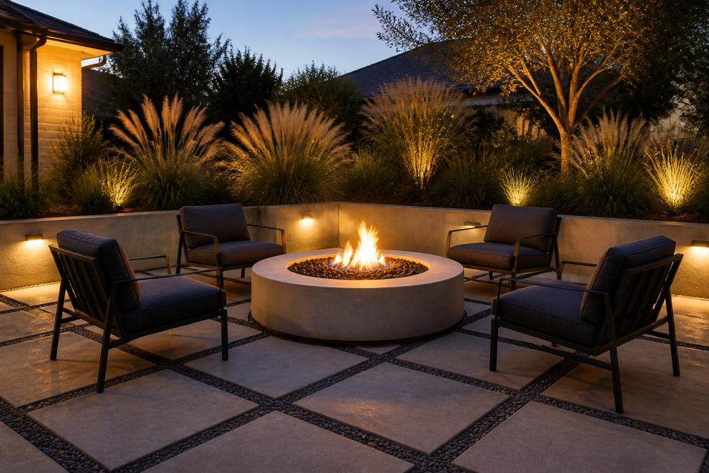 A beautifully designed backyard patio at dusk featuring a round concrete fire pit surrounded by low-profile outdoor chairs with warm amber ambient lighting, geometric pavers underfoot, and lush ornamental grasses in the background