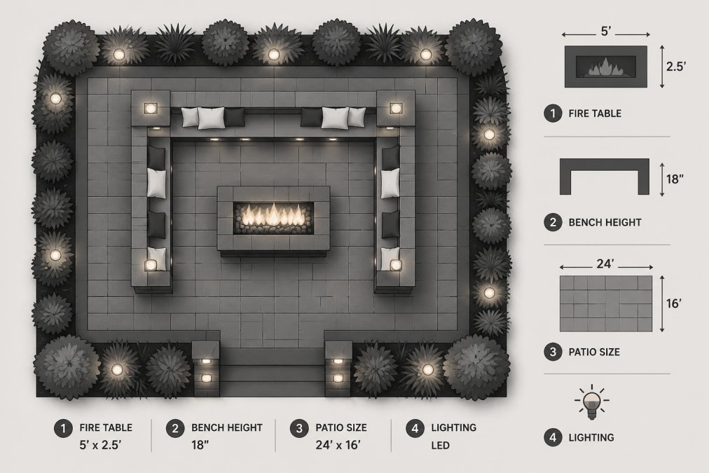 Aerial view of a custom paver patio with a rectangular built-in gas fire table at the center, surrounded by low-profile stone built-in benches, neat ornamental border plantings, and warm landscape lighting at dusk