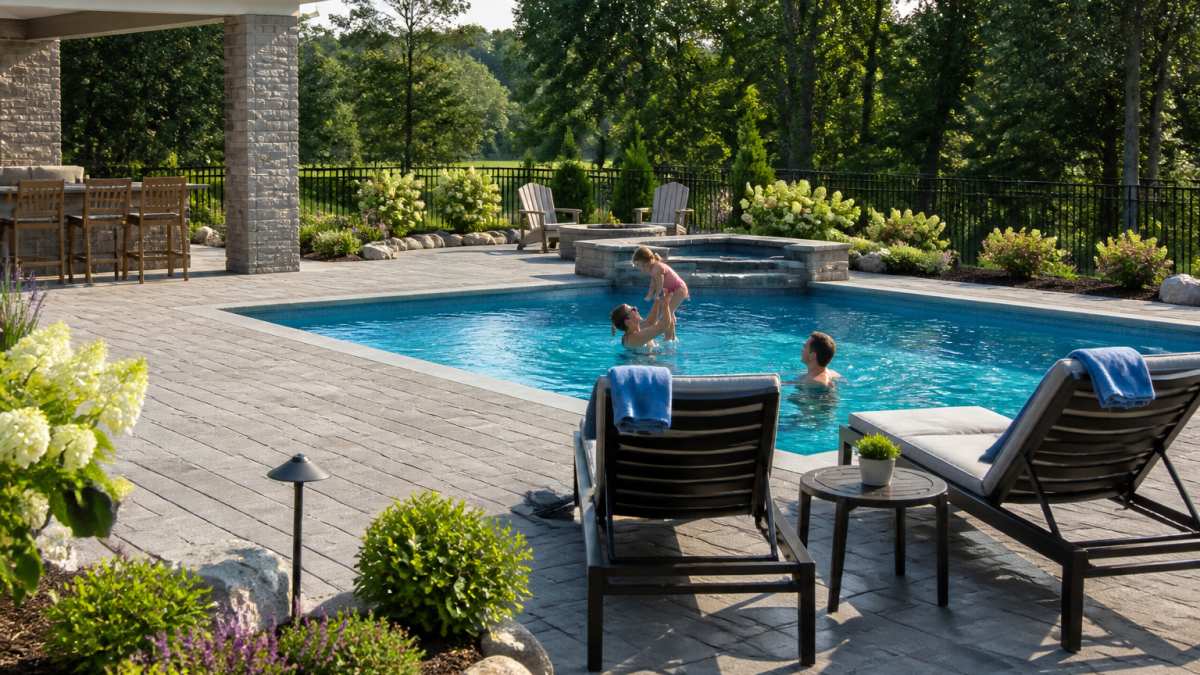 A modern inground pool with a paver patio, lounge chairs, and a family relaxing on a sunny afternoon in a landscaped backyard