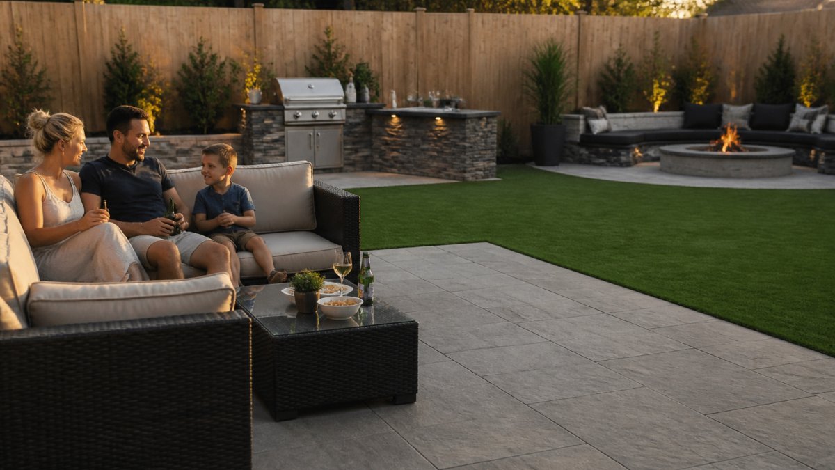 Family relaxing on a modern patio during a backyard renovation with an outdoor kitchen and fire pit.