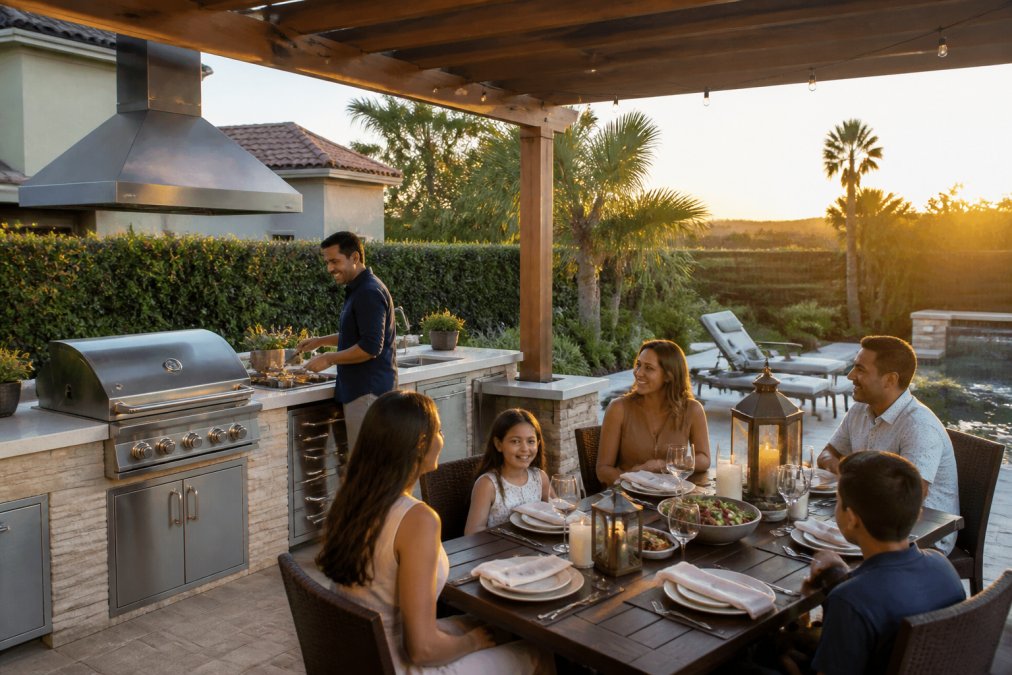 Spacious outdoor kitchen with built-in griddle, stone countertops, and wooden pergola overhead, with a family gathered around a dining table set for an evening meal in warm golden light