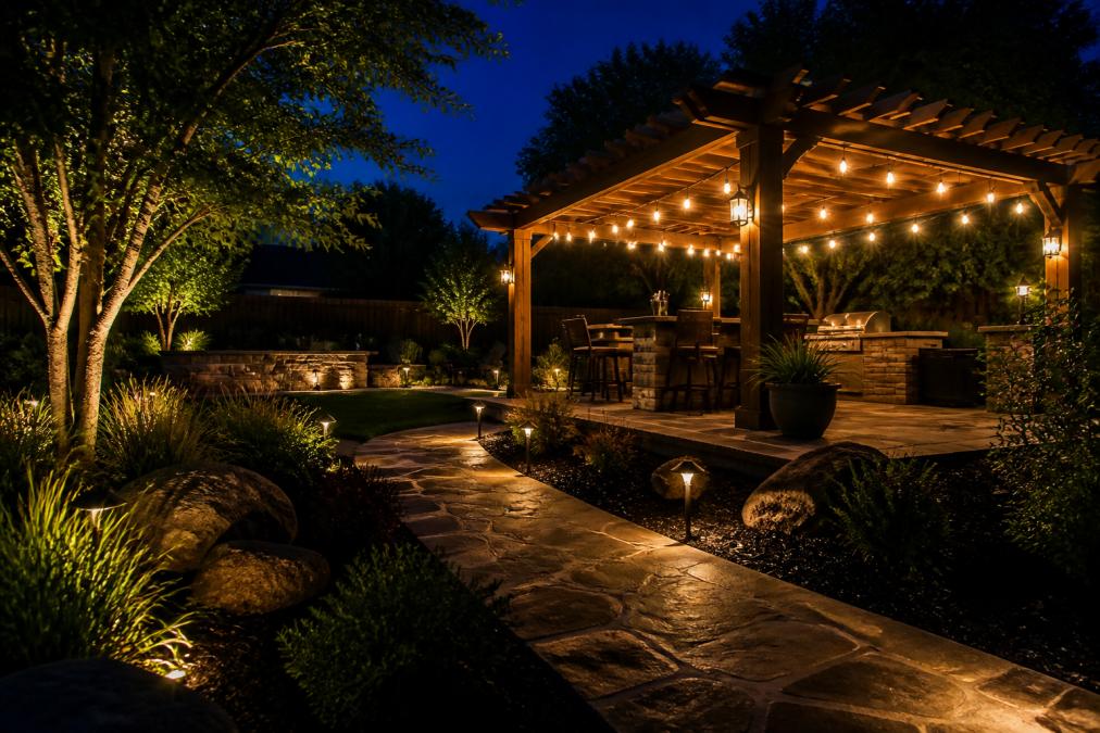 Evening backyard scene with warm ambient lighting strung across a pergola, accent lighting along a stone pathway, and warm accent lights highlighting landscaping plants and a pergola structure, creating a welcoming outdoor retreat atmosphere