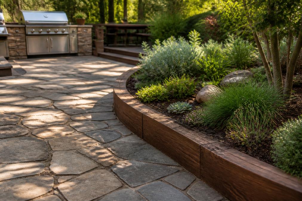 Stone terrace with irregular-cut natural stone pavers in warm gray tones, curved timber edge defining a planting bed with native plants, dappled afternoon sunlight creating shadows across the surface