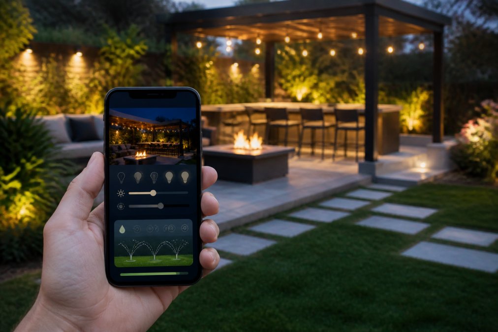 Homeowner's hand holding smartphone displaying outdoor lighting controls and smart irrigation dashboard, with modern patio, pergola structure, and illuminated garden visible in evening background