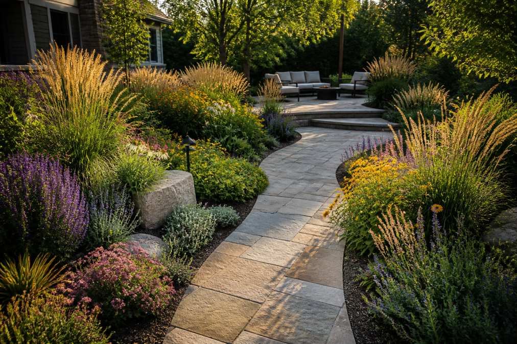 Lush native perennial garden with curved stone terrace pathway, mixed textures of ornamental grasses and flowering plants in afternoon sunlight, residential backyard setting