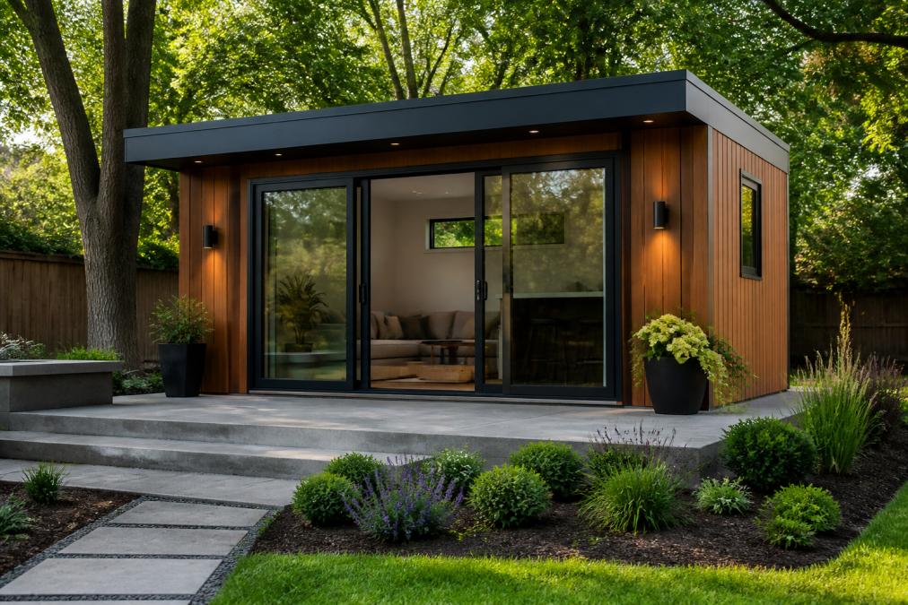 Sleek modern backyard studio with large sliding glass doors, minimalist wood and metal exterior cladding, surrounded by landscaping and natural lighting